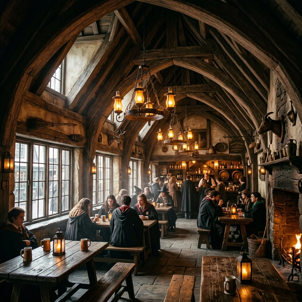 Universal Studios Hollywood Photography Guide 2026: Movie Magic Secrets Revealed for the Best Photo Spots 5 Rustic interior of Three Broomsticks tavern in Hogsmeade, offering cinematic and atmospheric photo spots.