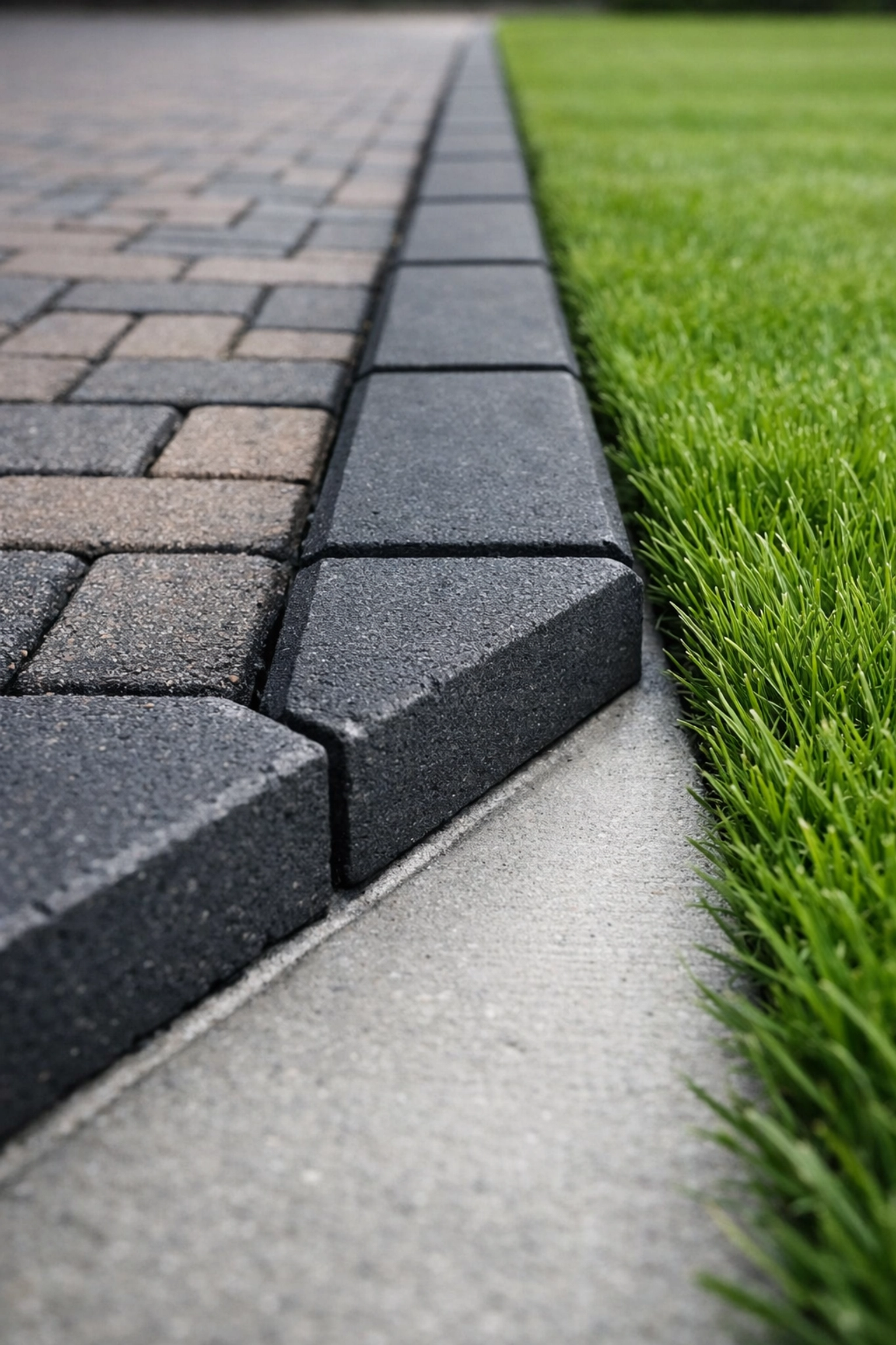 Meticulous block paving in Barry featuring charcoal kerb stones and a crisp lawn border.