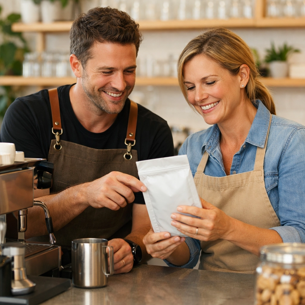 A coffee supplier partner and cafe owner discussing specialty bean selection and training.