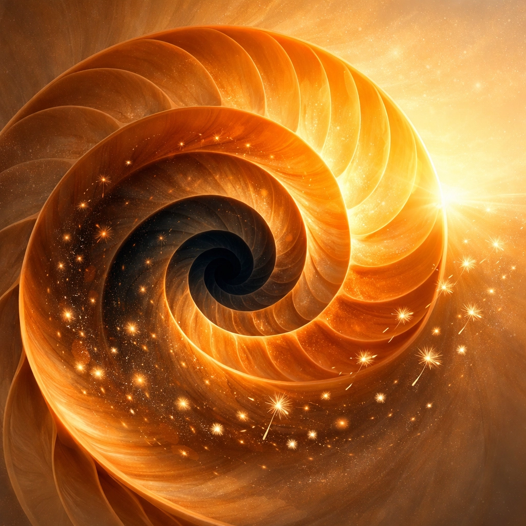 Celestial nautilus shell transitioning from shadow to light, symbolizing shifting the Chiron Effect orbit.
