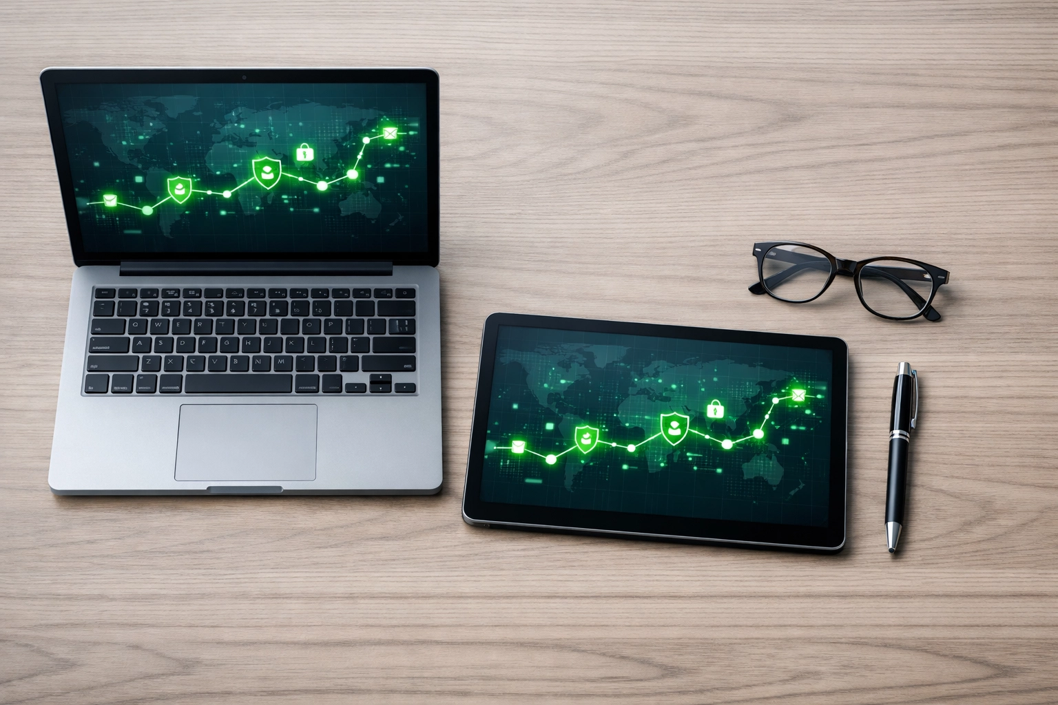 Digital network security map on a tablet, illustrating managed IT services for businesses in Ventura County.