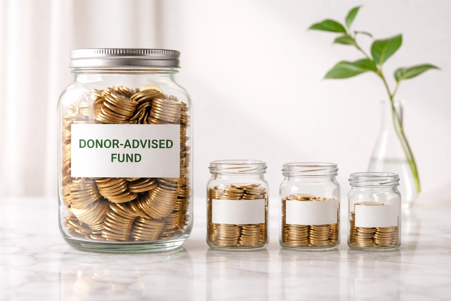Glass jars with coins symbolizing donor-advised funds and strategic charitable giving for tax deductions