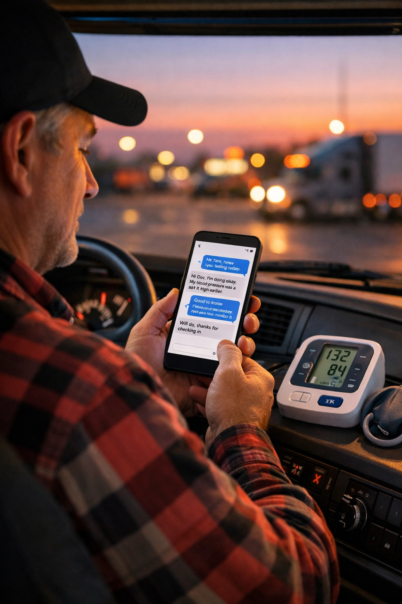 Truck driver using secure text-based telehealth for online primary care inside his truck cab.