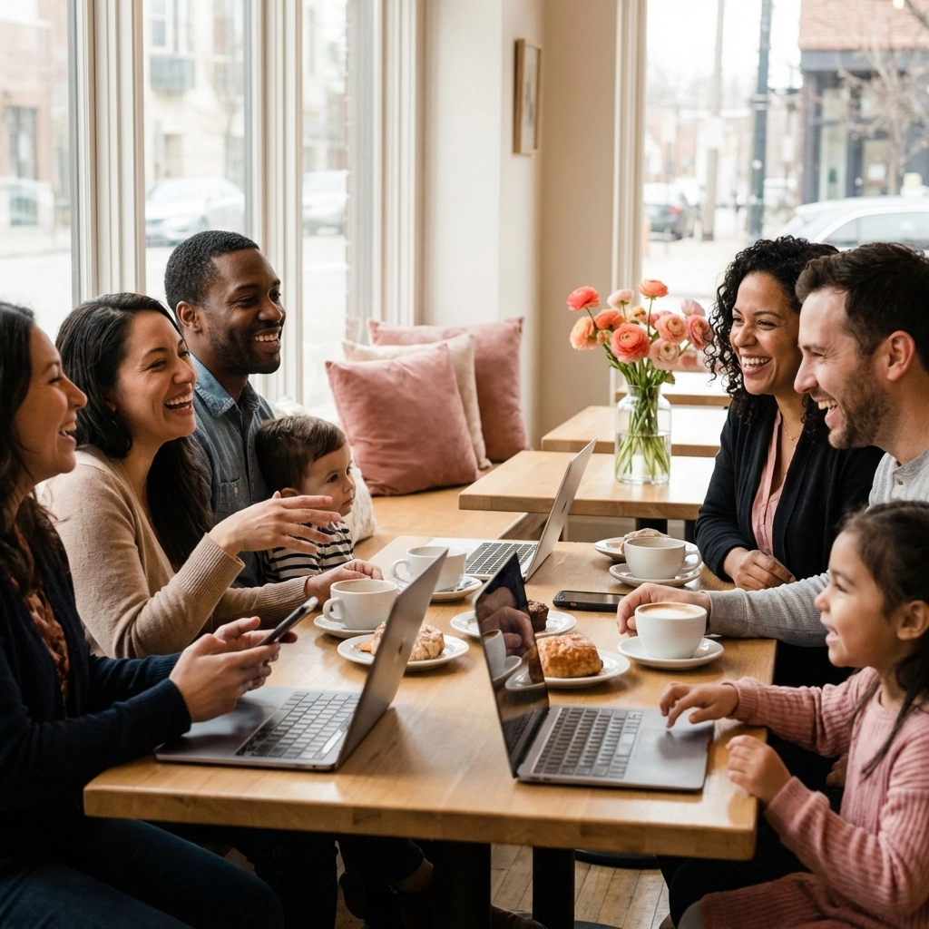 Diverse group connecting and engaging at a café, highlighting the community focus of Facebook Groups
