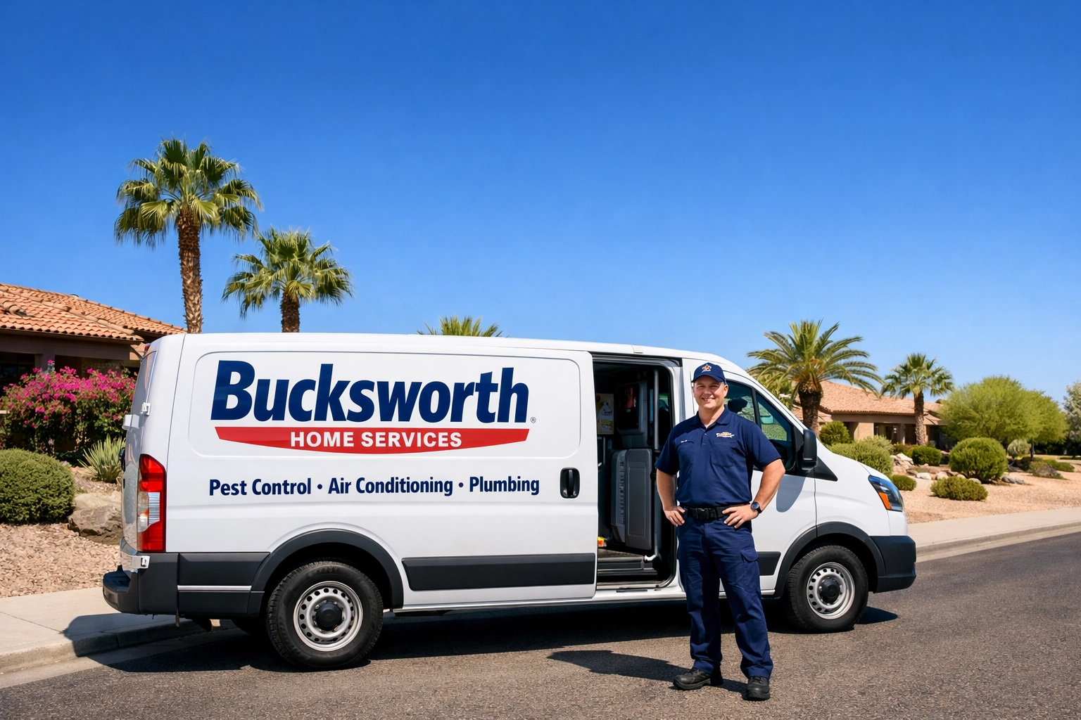 Professional Bucksworth Home Services truck parked in the Ocotillo neighborhood of Chandler, AZ.