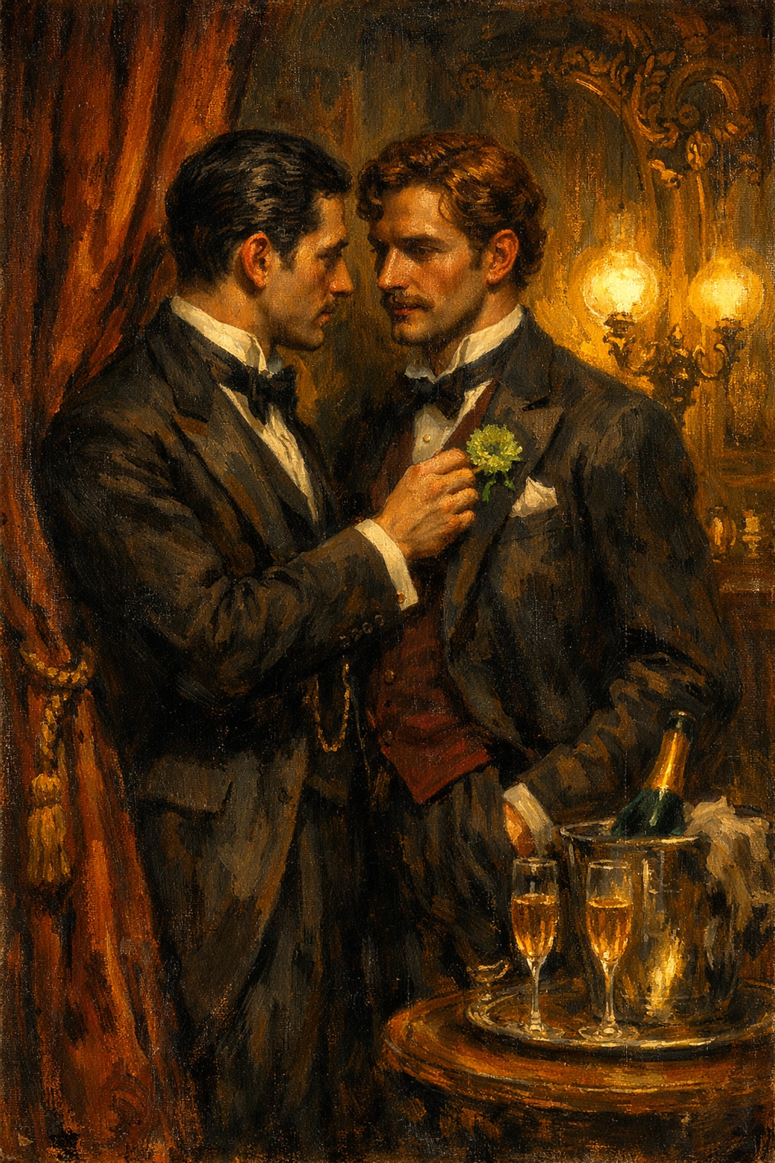 Two men in Belle Époque Parisian salon sharing intimate moment with green carnation symbol