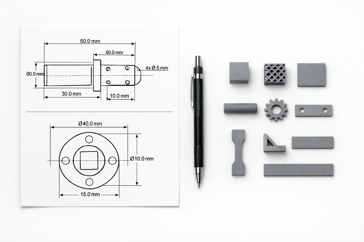 Engineering drawings and 3D printed test coupons for AM part qualification