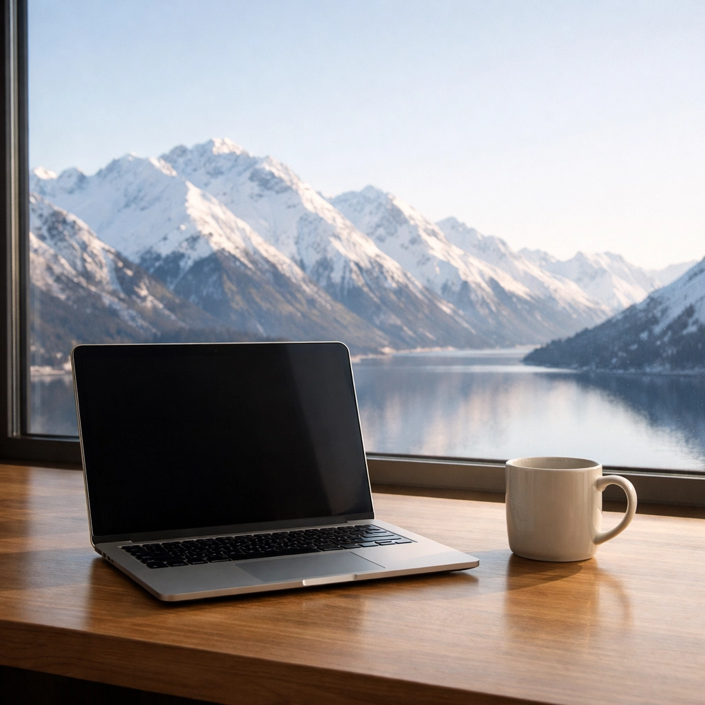 A serene Anchorage office with a mountain view symbolizing cyber security and peace of mind.