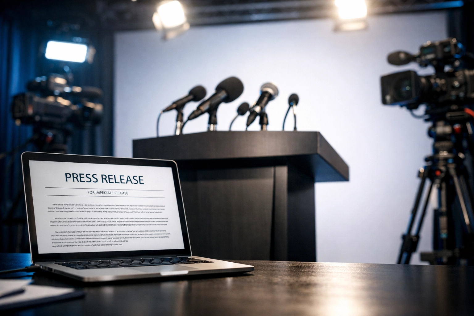Professional press conference setup with laptop displaying press release for media holding