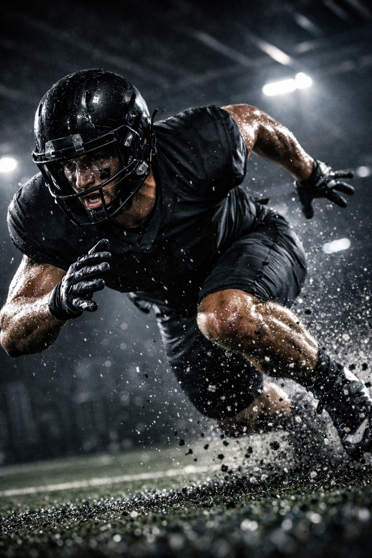 Professional football player in an explosive sprint drill during high-intensity athlete empowerment training.