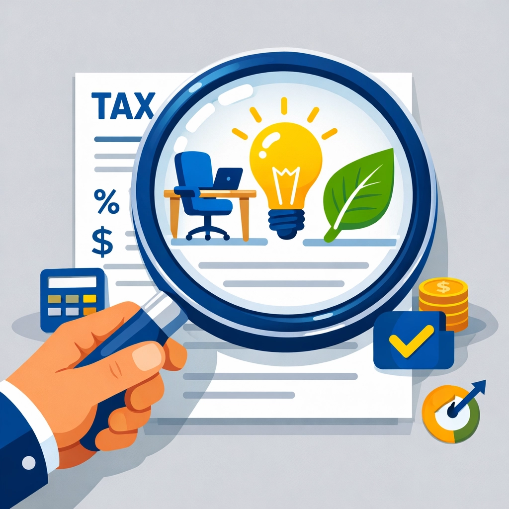 Professional identifying overlooked tax credits and deductions like home office and green energy.
