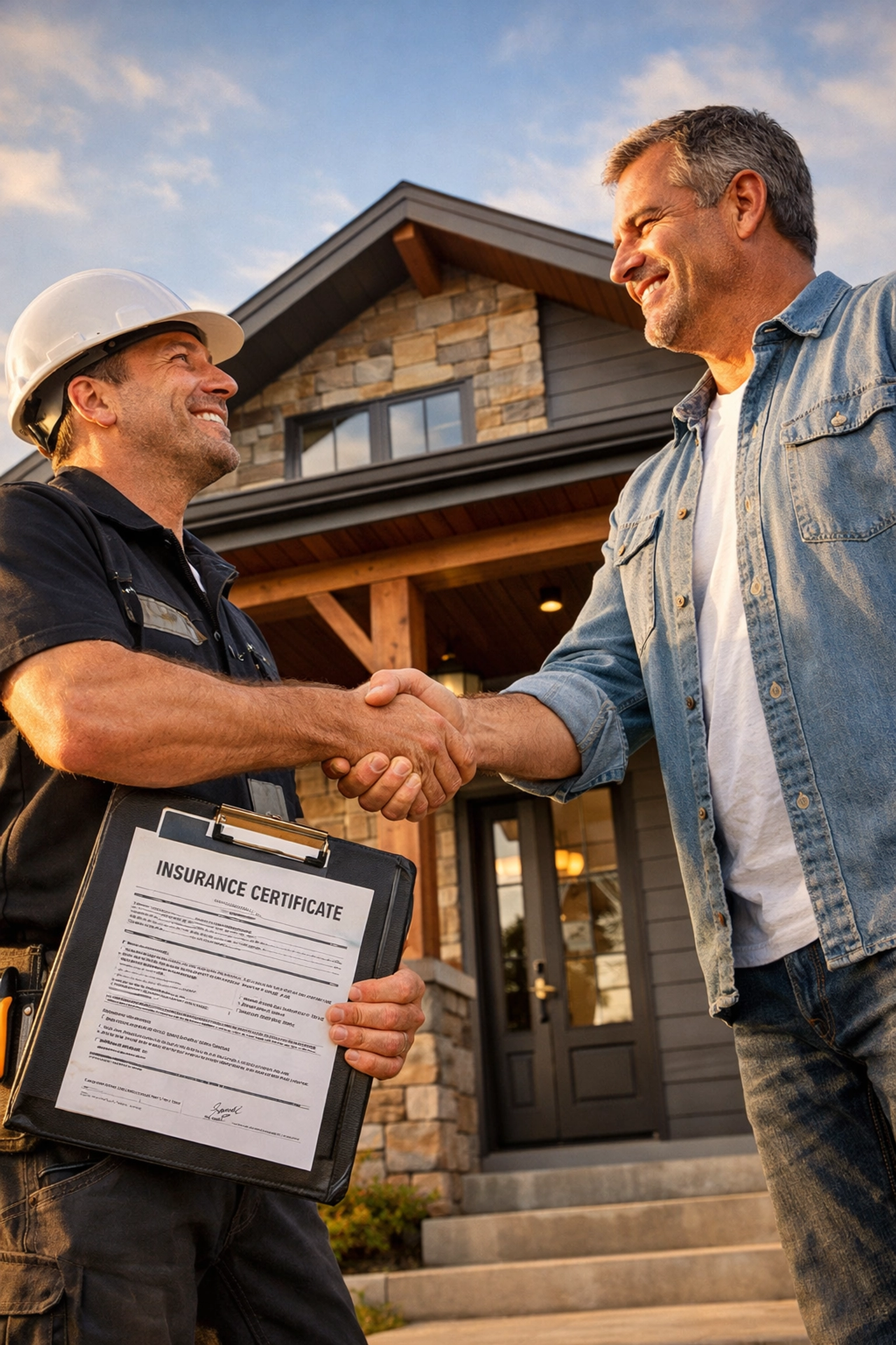 Cleveland contractor meeting with homeowner showing proof of insurance certificate