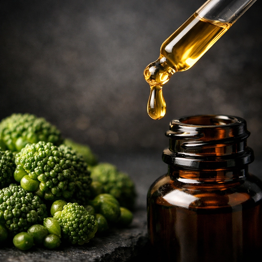Macro shot of broccoli seeds and a golden drop of beard oil, featuring nature's silicone for high shine.