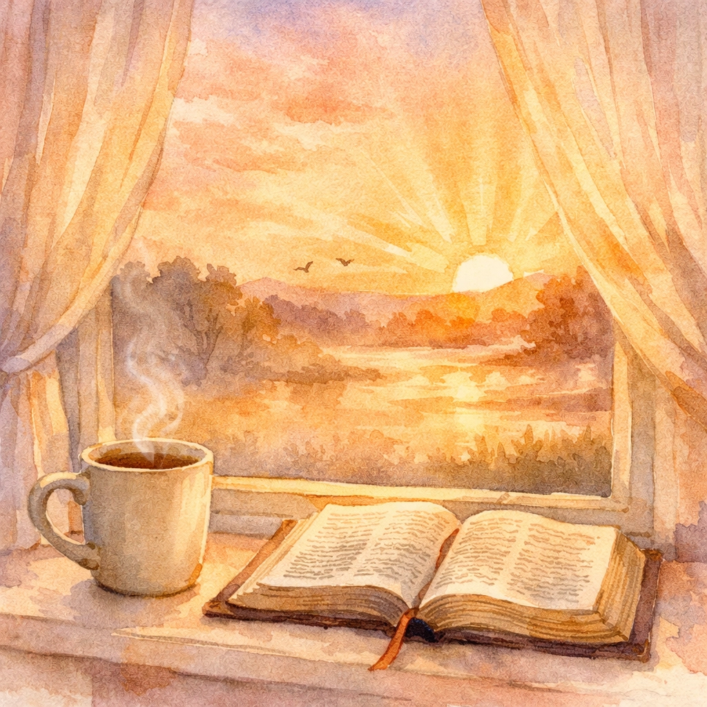 Morning devotional scene with sunrise, coffee and open Bible on windowsill for parents starting their day
