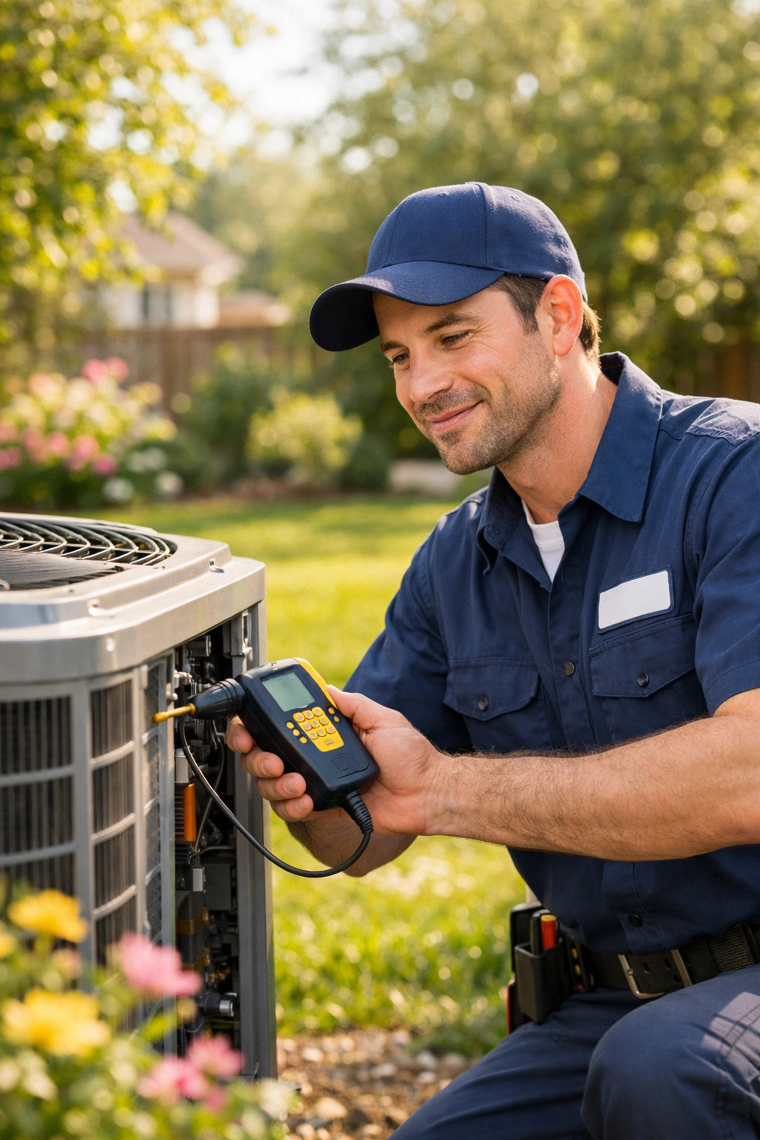 A friendly service technician inspecting an outdoor AC unit during a spring HVAC tune-up in Bucks County.