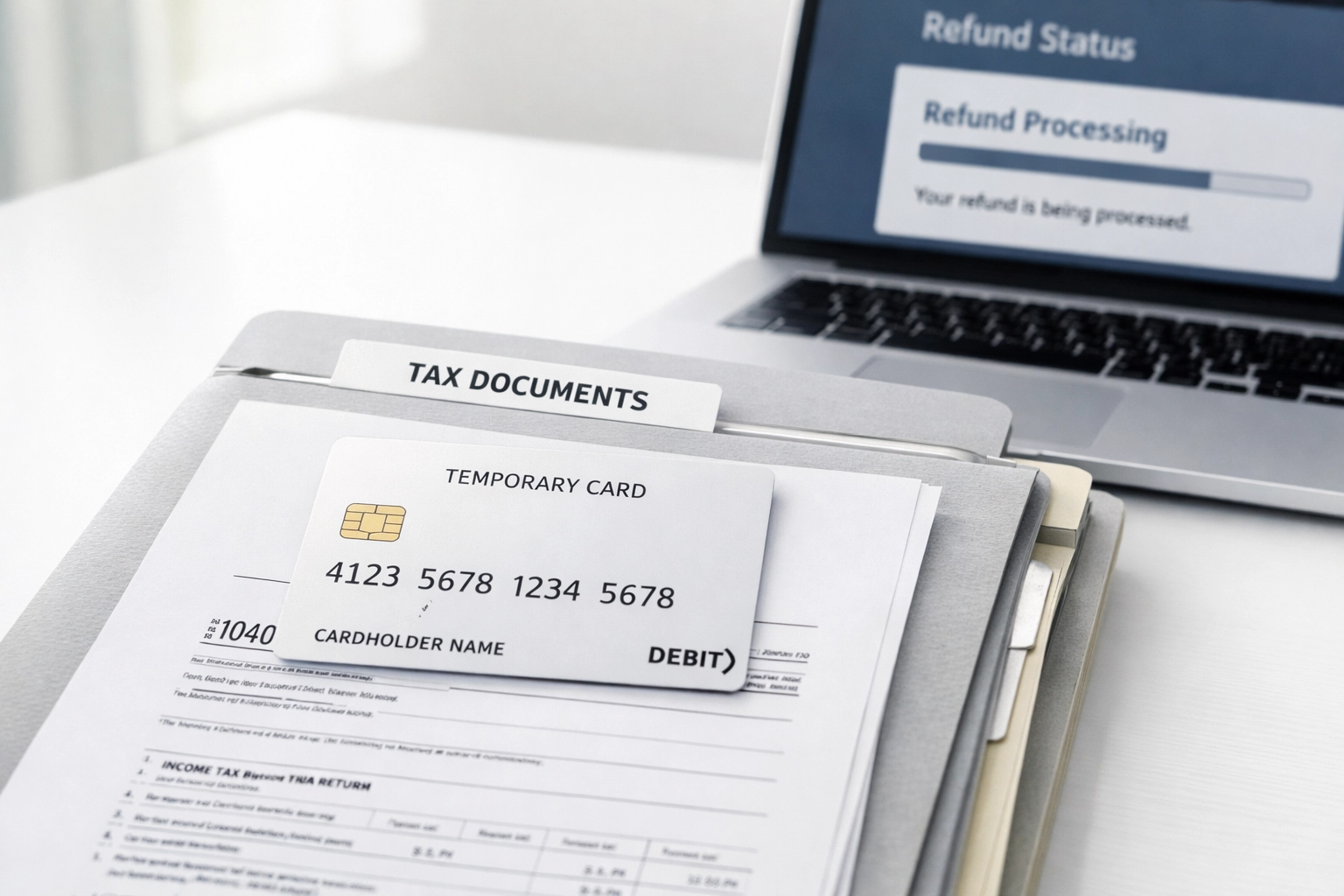 Tax refund transfer process showing debit card and documents on desk