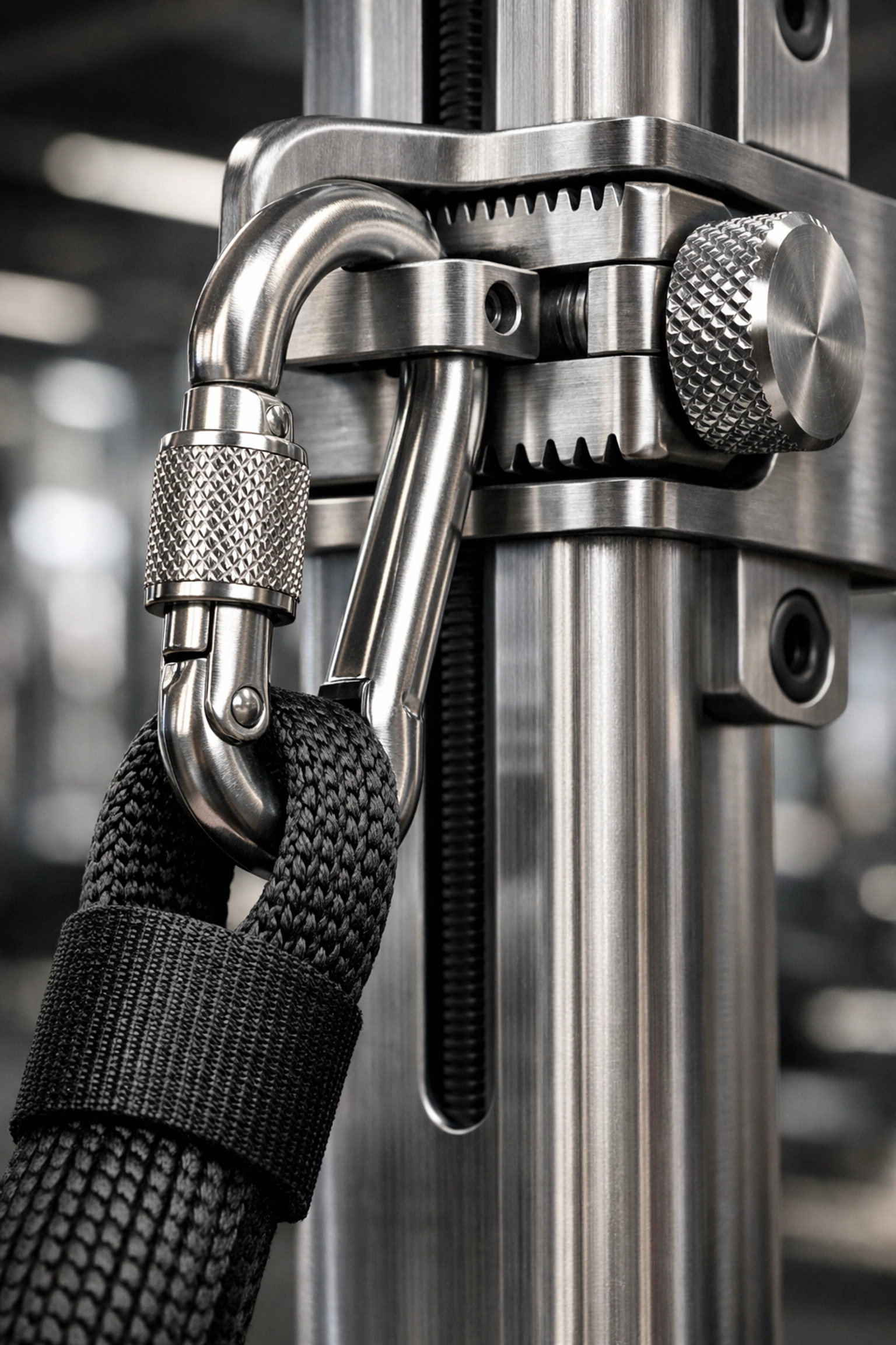 Close-up of high-quality resistance band attachments on the Bold Body Fitness floor-to-ceiling gym.