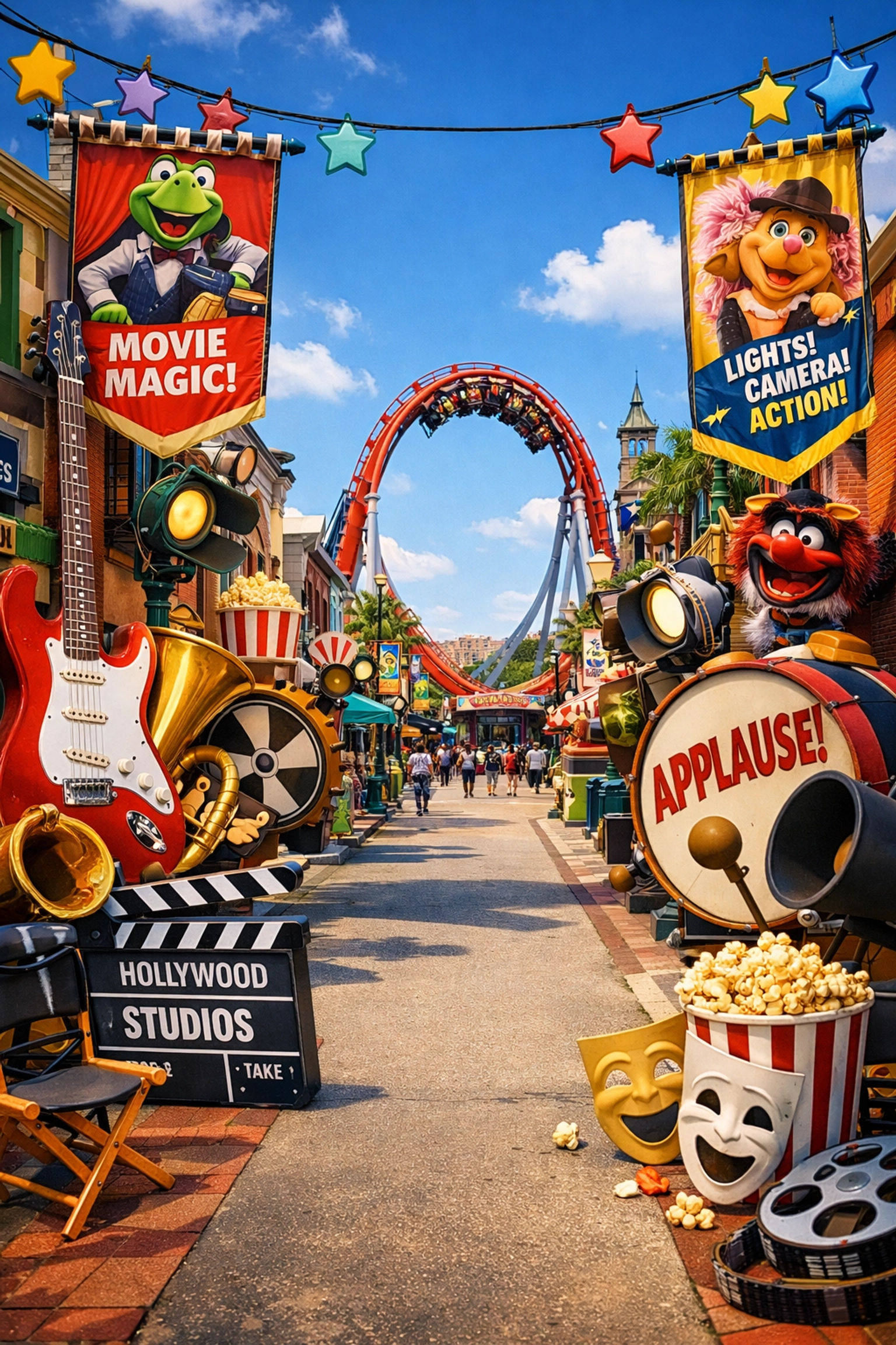 Colorful Muppet-themed street at Disney's Hollywood Studios with banners and musical props.
