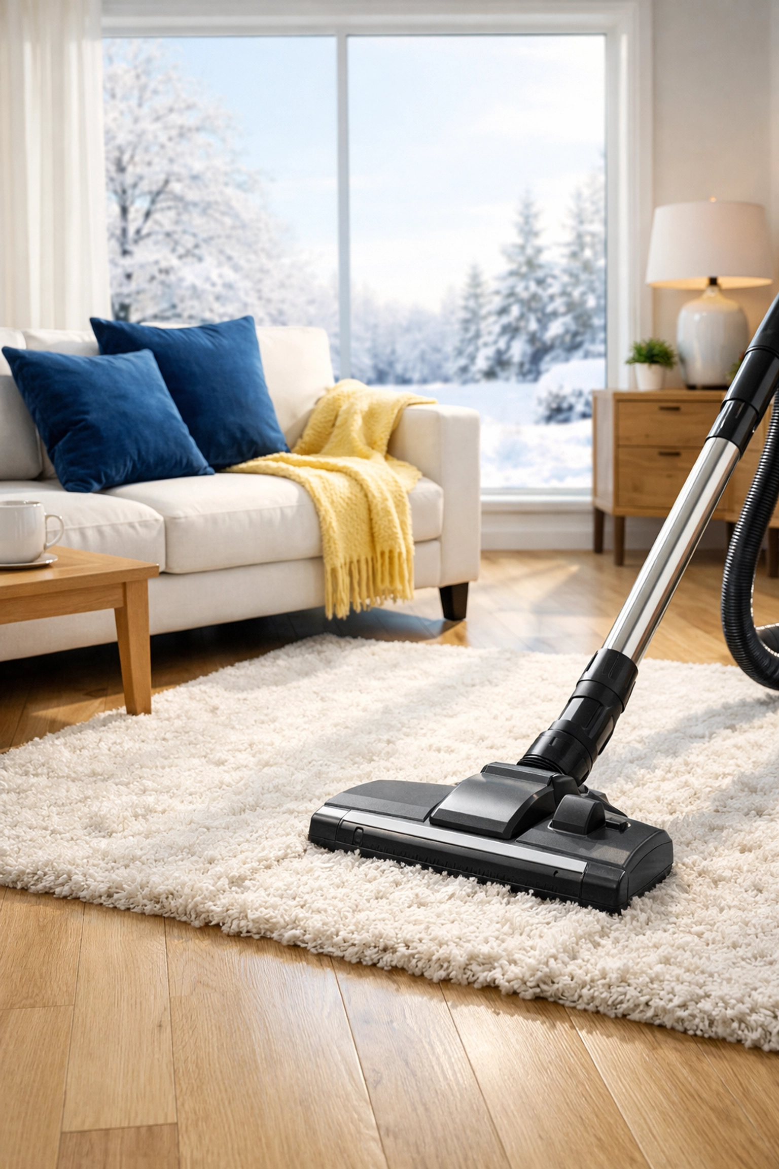 Professional vacuuming of a clean Worcester living room to improve indoor air quality during winter.
