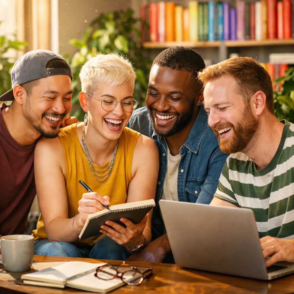 Diverse LGBTQ+ writers collaborating in a creative space for queer fiction and publishing.