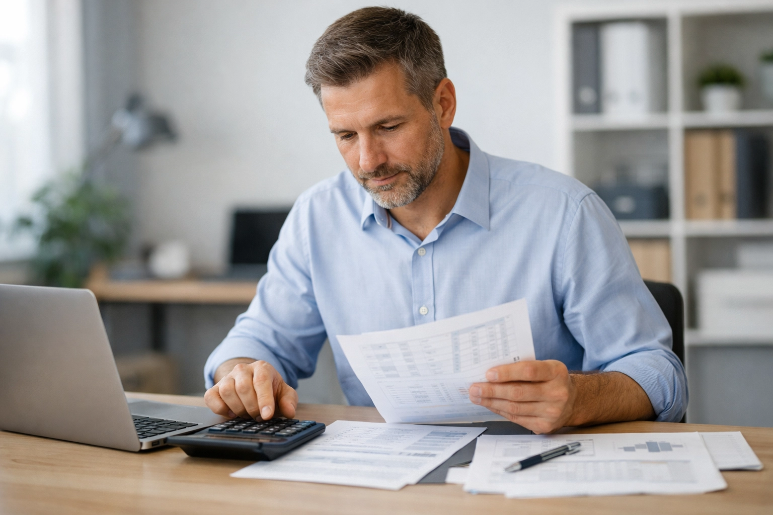 Accountant working at a desk reviewing paperwork in a professional office setting.