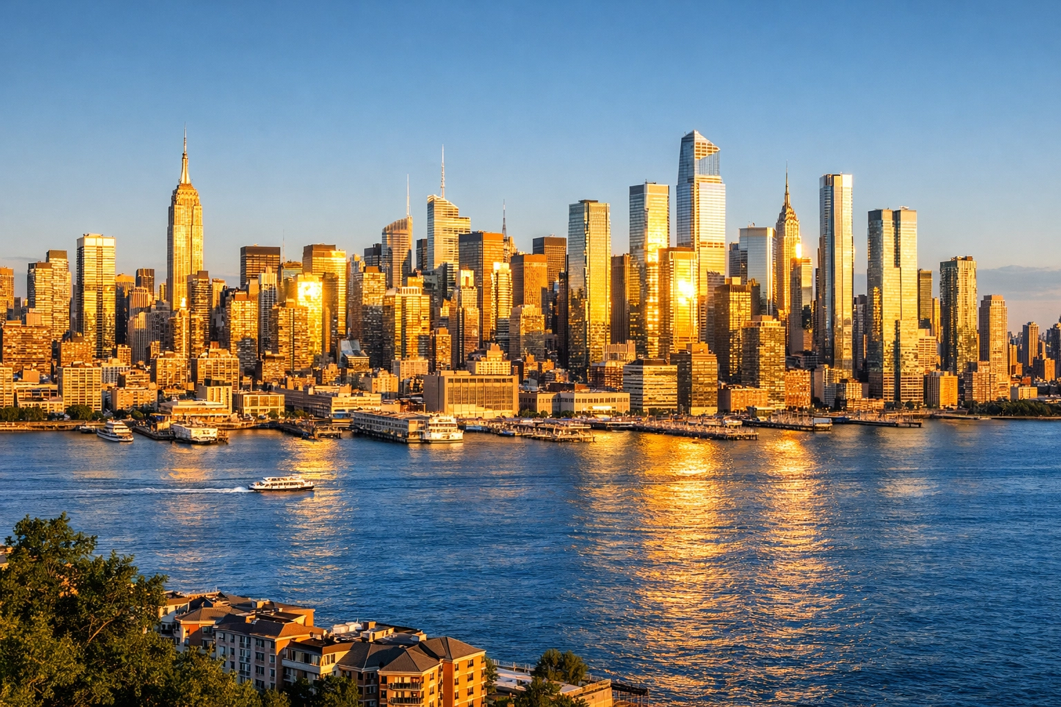 Midtown Manhattan skyline glowing at golden hour, viewed from Weehawken, a top NYC photo spot.