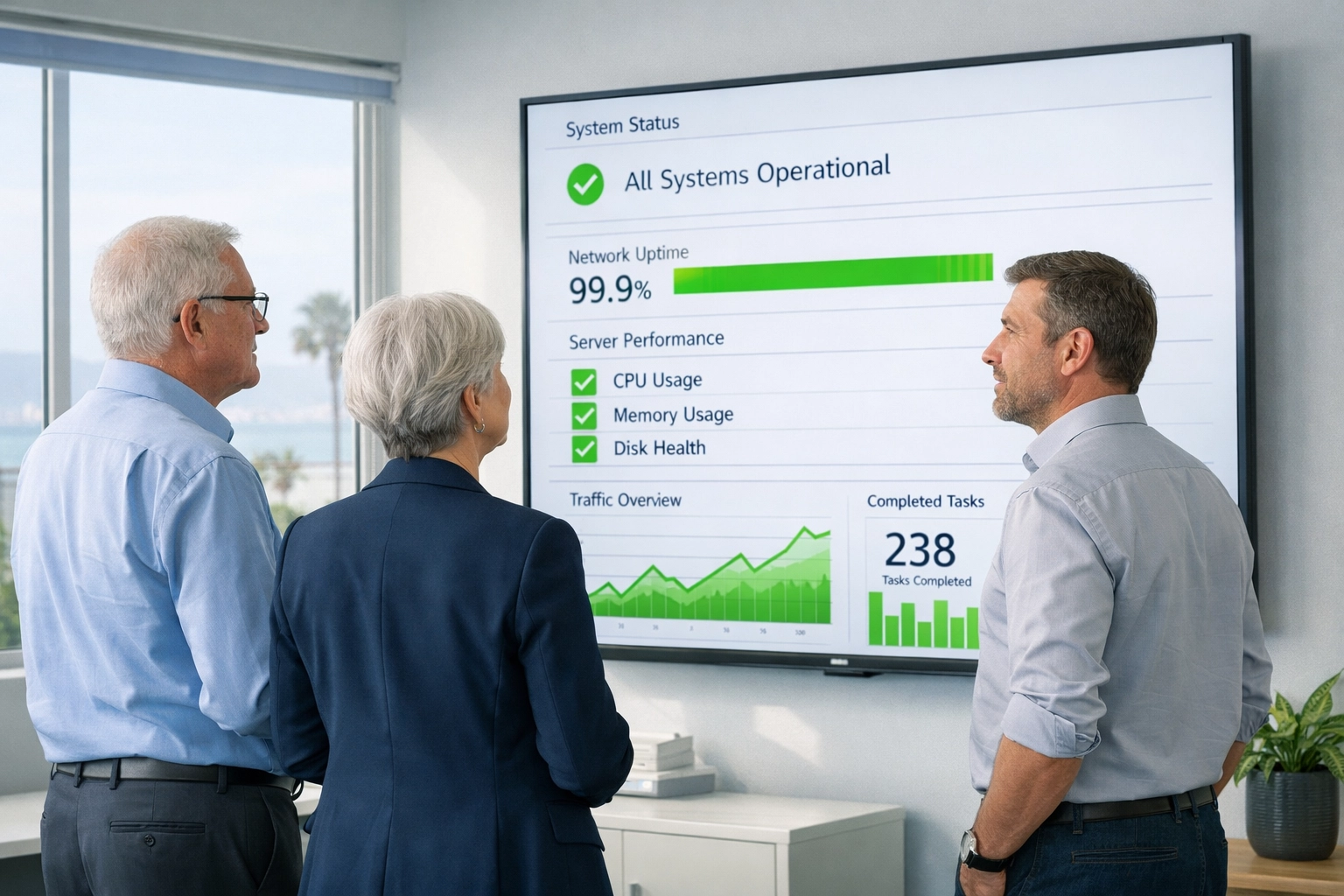 Senior IT consultants and a business owner reviewing a CMMC compliance dashboard in a Ventura office.