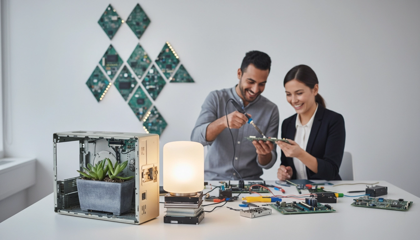 a man and a woman smiling at e-waste creations