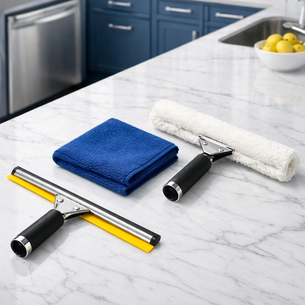 Professional window cleaning tools including a squeegee and microfiber cloth for home maintenance.