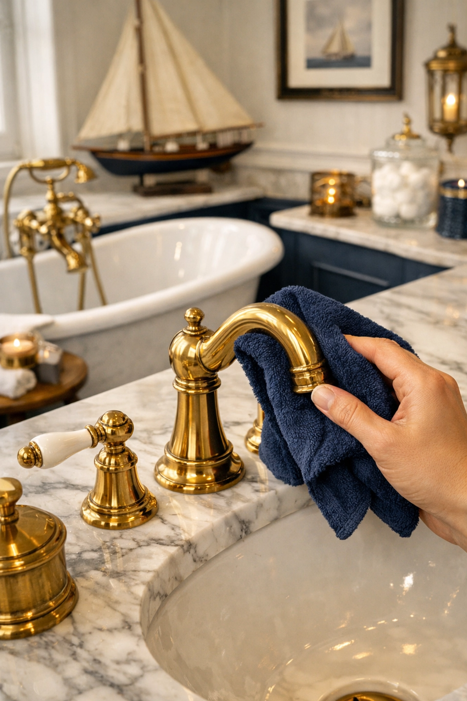 Professional cleaning of a marble vanity and brass fixtures in a Manchester-by-the-Sea luxury estate.