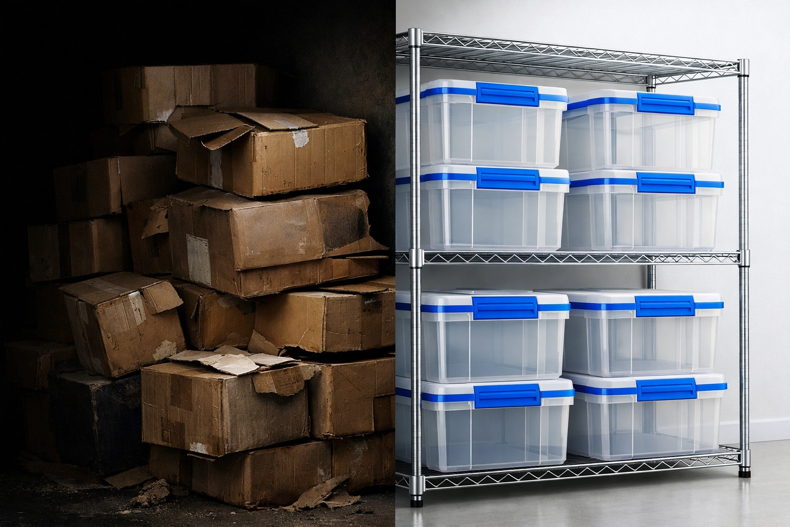 Replacing cardboard boxes with airtight plastic bins to eliminate pest harborage in storage areas.