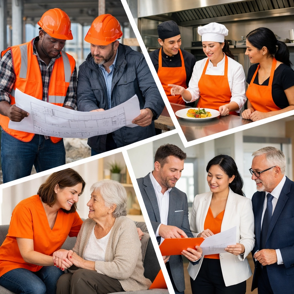 Diverse professionals in construction, hospitality, healthcare, and real estate sectors