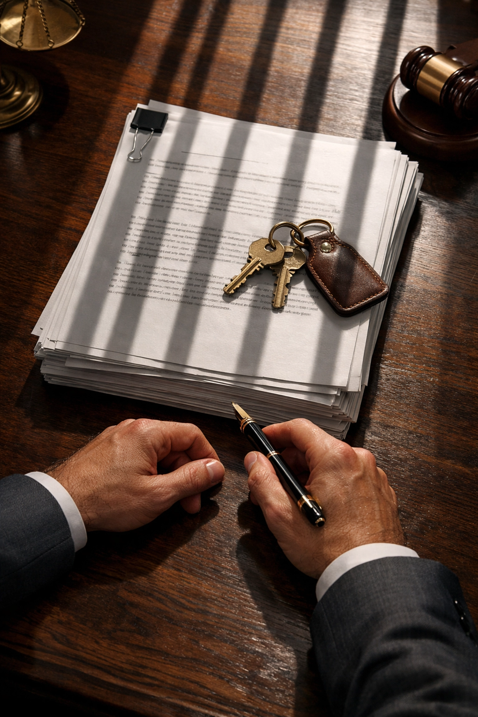 Legal probate documents and keys on a desk with jail bar shadows, representing a locked inheritance in Collin County.