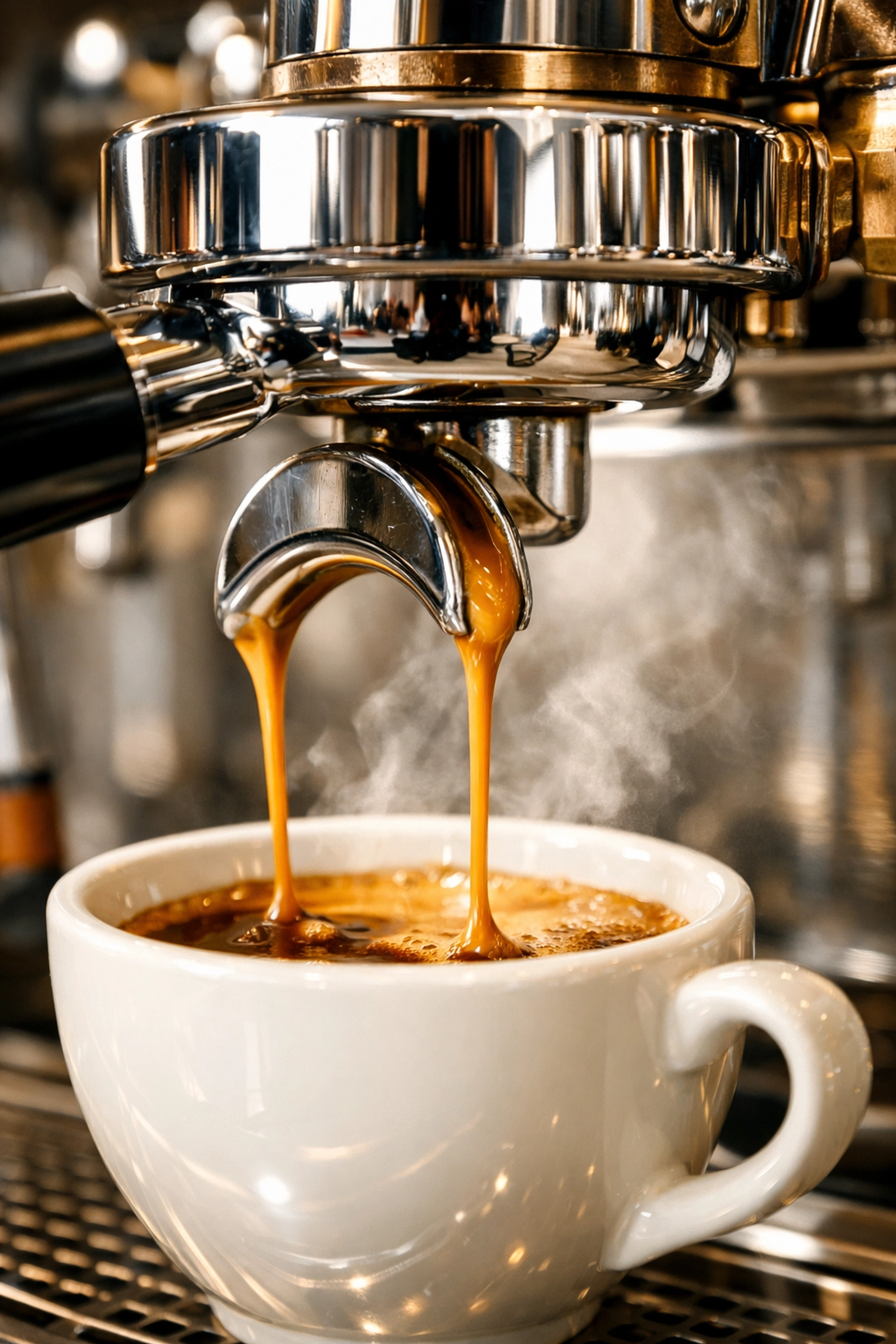 Commercial espresso machine extracting coffee with golden crema into cup
