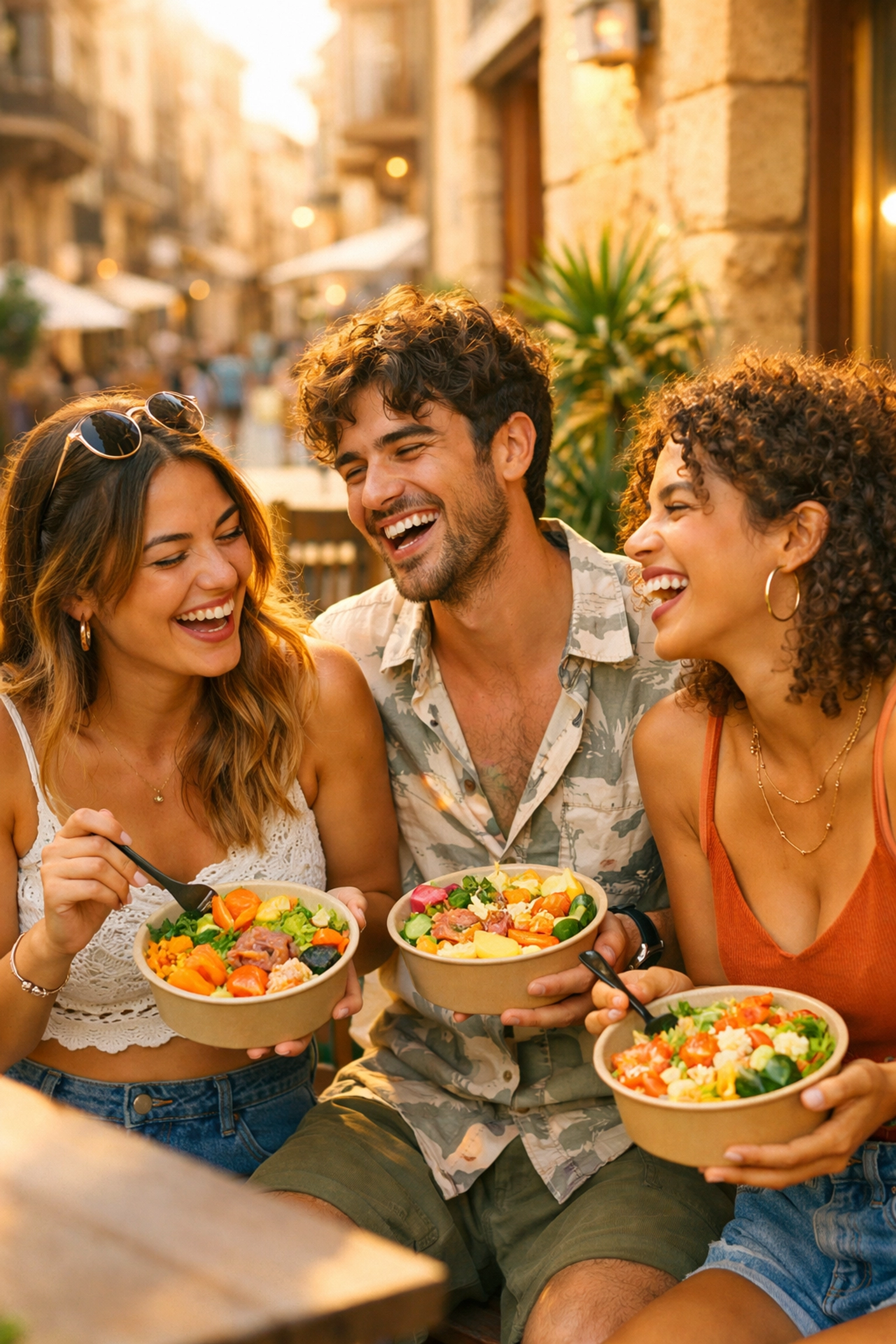 Amis dégustant un poke bowl healthy en terrasse lors d'une pause déj à Montpellier.