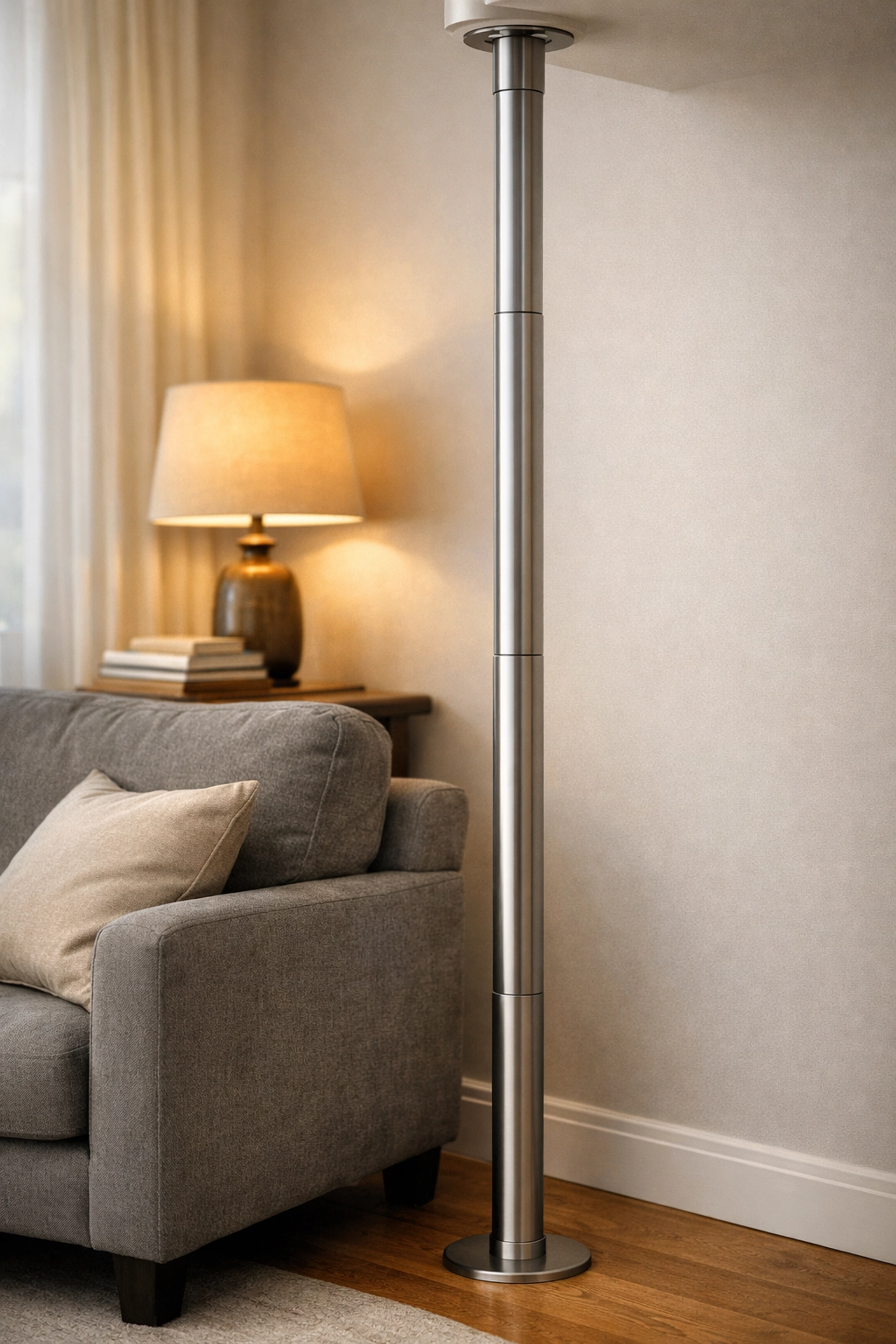 Metal floor-to-ceiling stability pole next to a chair providing standing support for older adults.