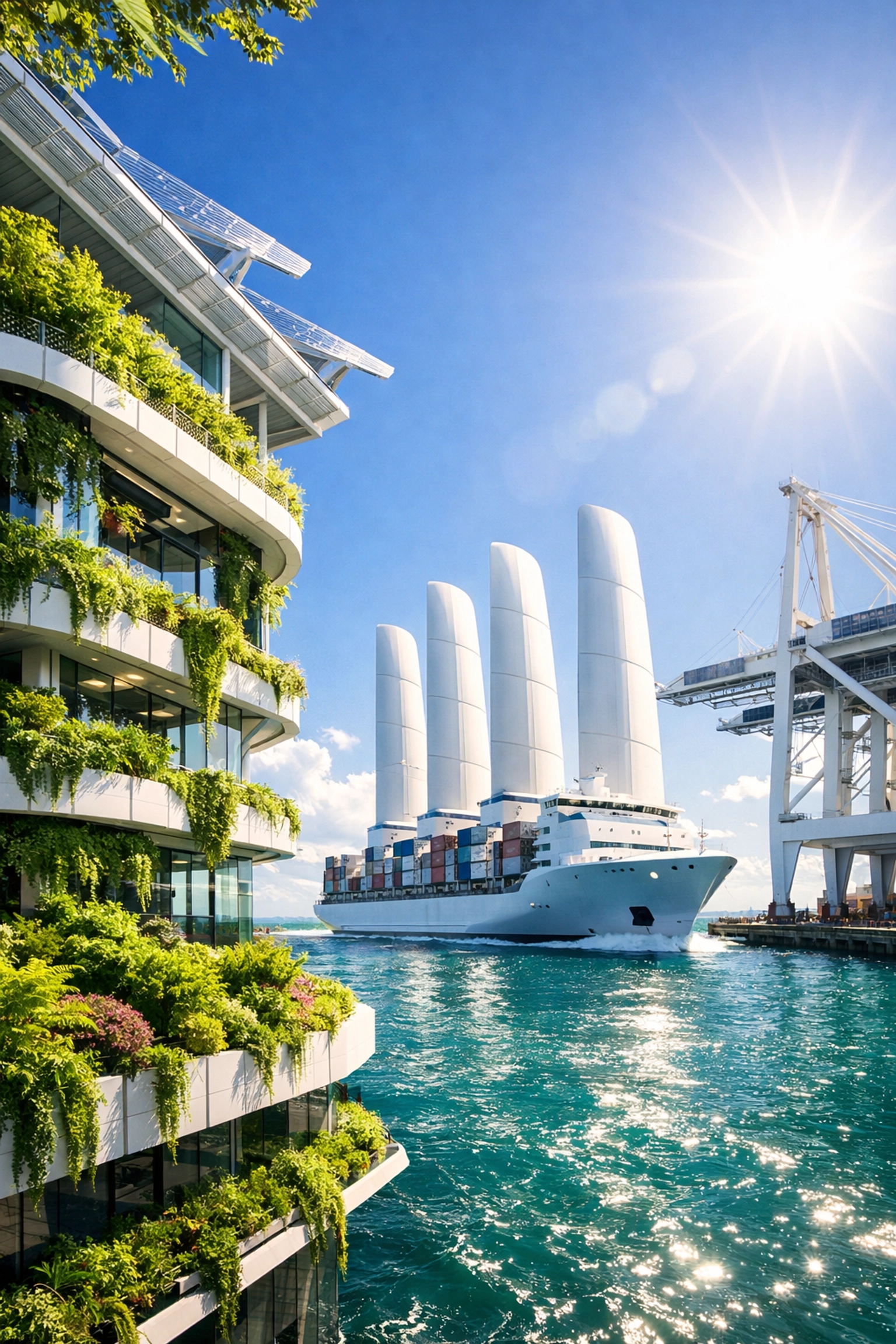 Modern green port with cargo ships highlighting logistics technology and sustainable investment tips.