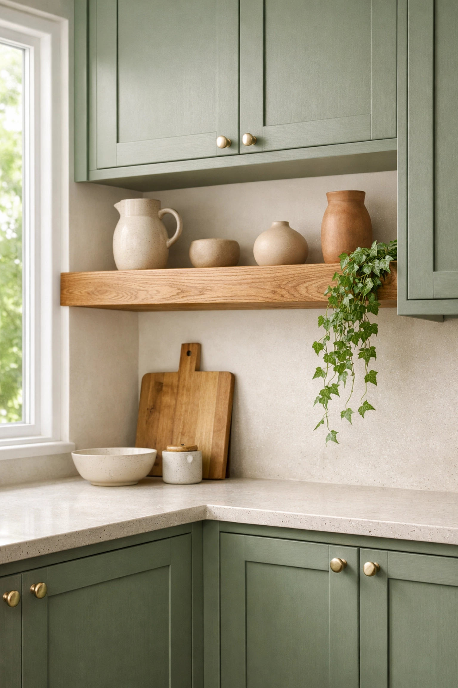Muted sage green custom cabinetry with shaker doors and a white oak floating shelf in a bright kitchen.