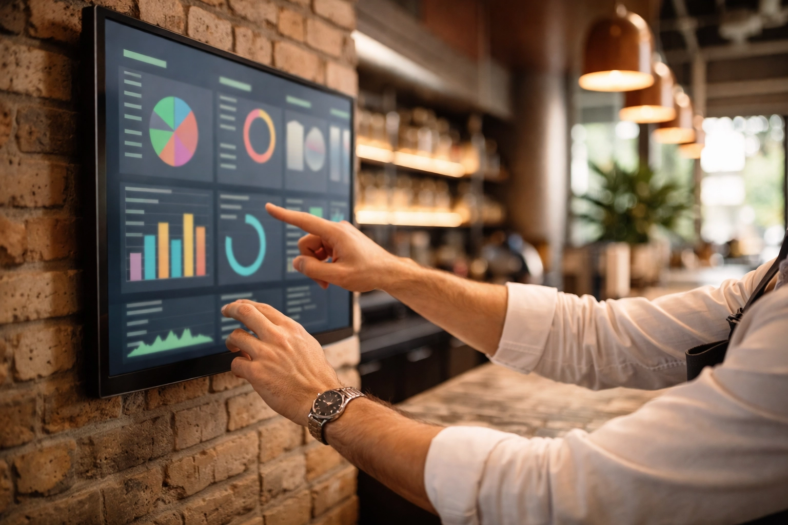 Bar manager using touchscreen dashboard to evaluate AI forecasting tool features