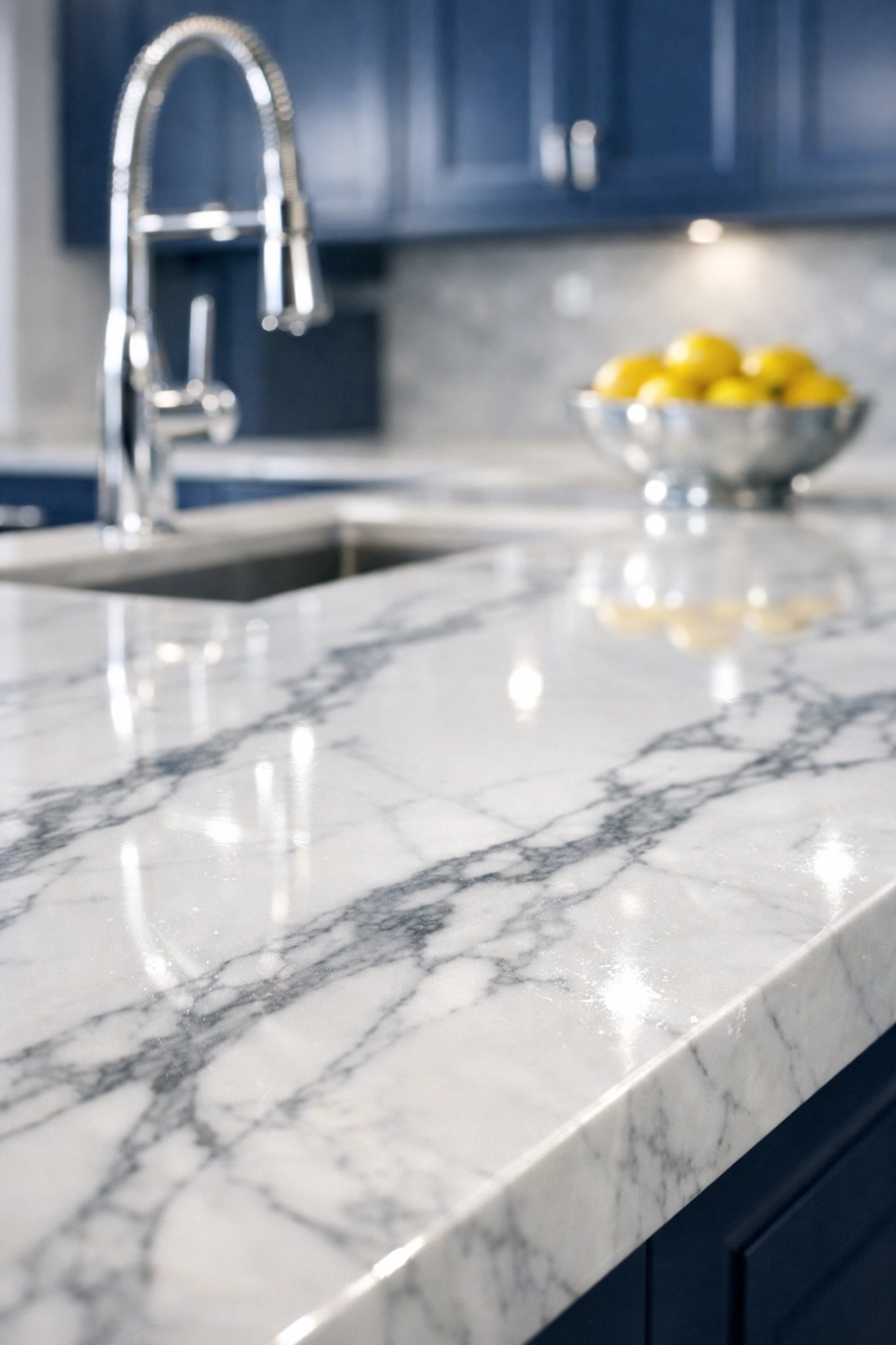 Polished marble kitchen island featuring a streak-free finish from residential cleaning Massachusetts professionals.