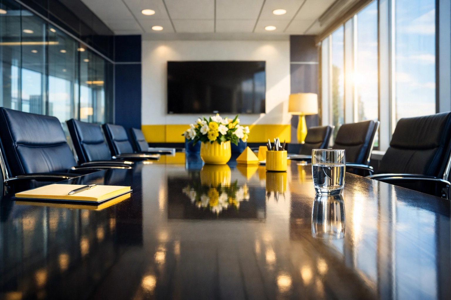 Sunlight streaming over a polished conference table in a clean, professional Melrose board room.