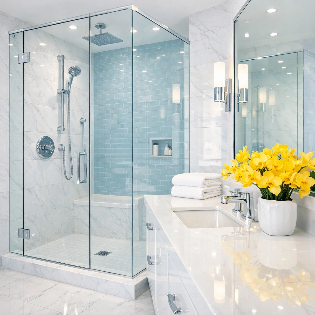 Deep cleaned master bathroom with a streak-free glass shower from Nashua house cleaning services.