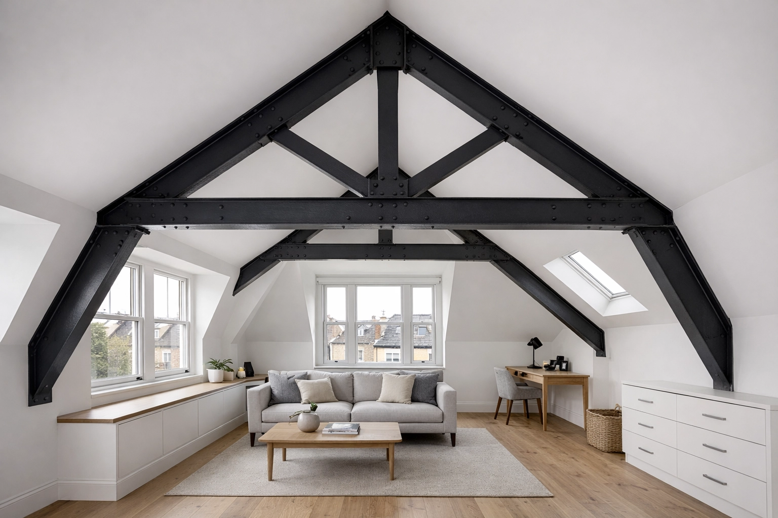 Completed loft conversion interior in Victorian London home with exposed structural beams