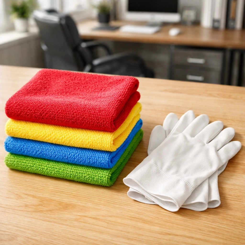 Color-coded microfiber cleaning cloths and professional gloves for a specialized green cleaning business system.