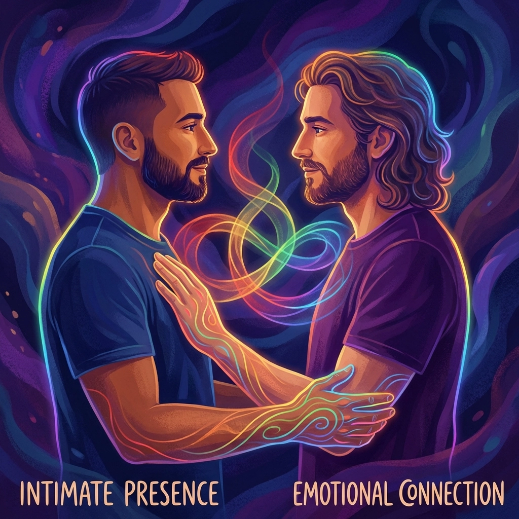 Two men in MM romance-style forced proximity showing emotional intimacy and connection