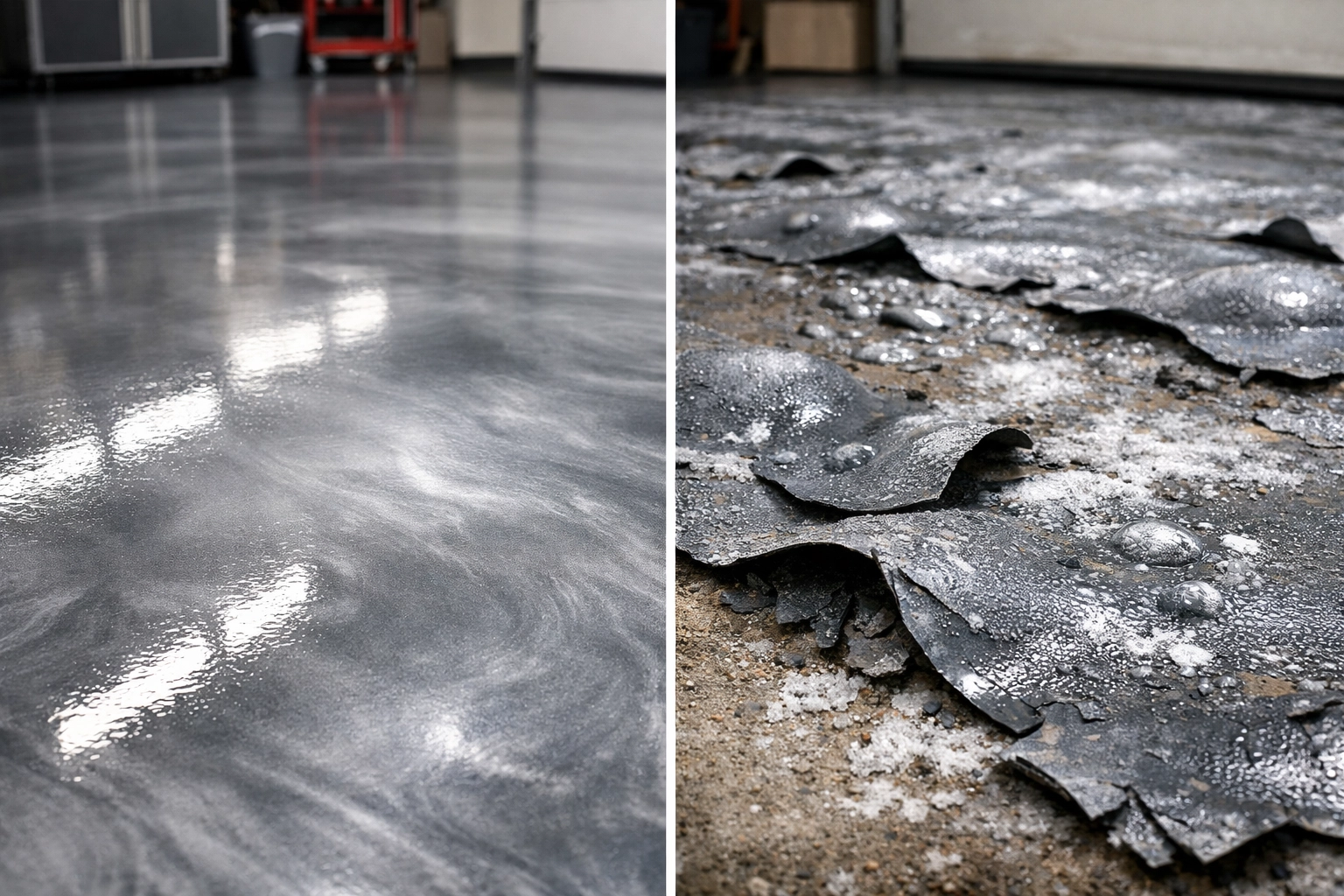 Failed garage floor epoxy coating showing moisture damage and peeling in Jackson MS