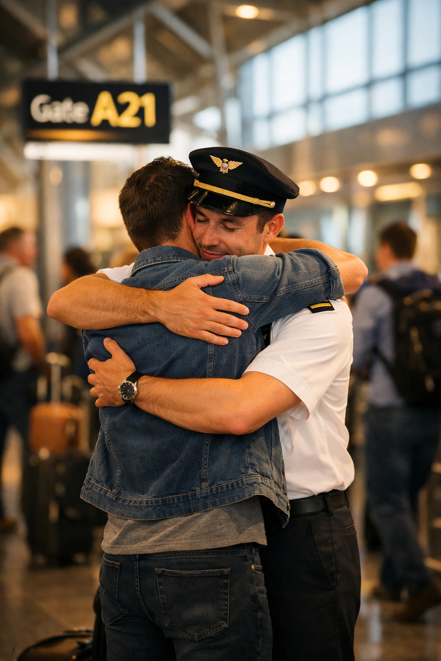 Gay pilot embraces partner at airport gate reunion, representing LGBTQ+ love in aviation