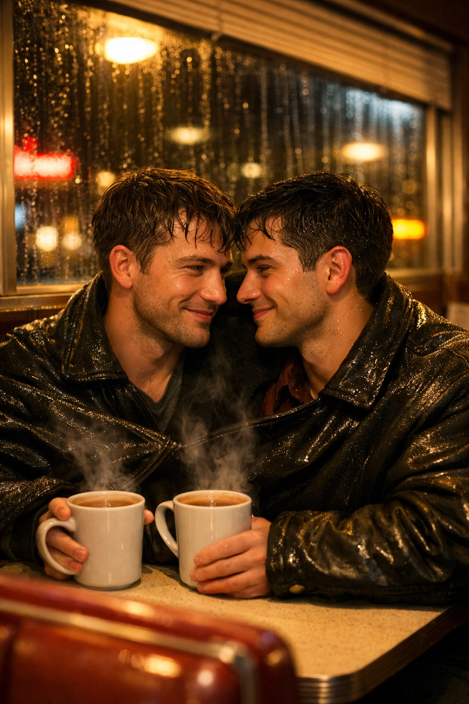 Gay couple sharing hot chocolate in diner after rain, intimate first date connection