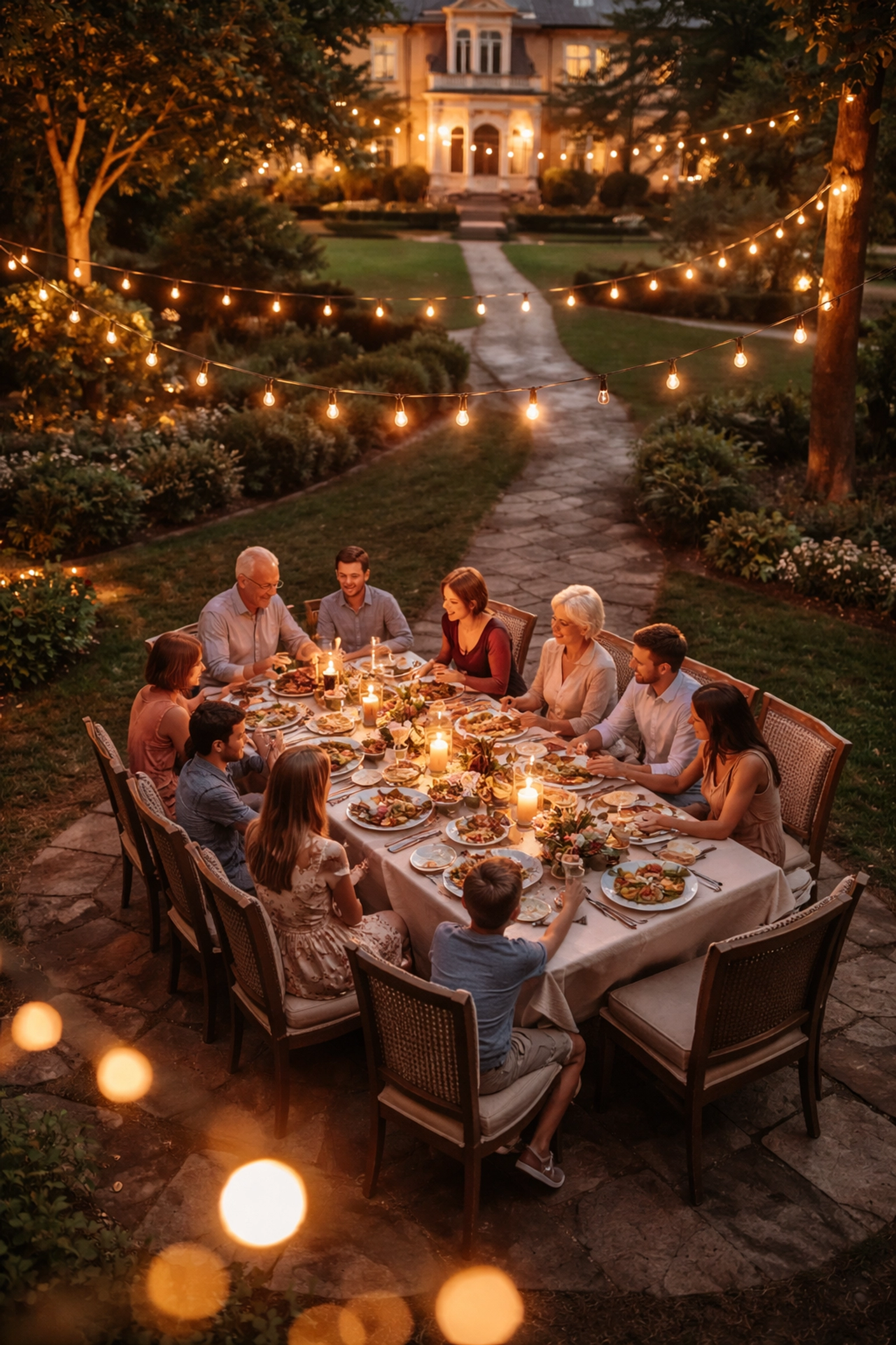 Multi-generational family enjoying an estate dinner, highlighting estate tax planning and wealth transfer strategies