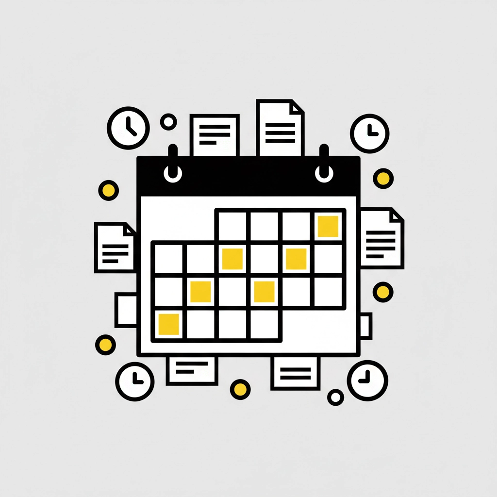 Calendar icon with yellow-highlighted dates surrounded by clocks and documents on a gray background, symbolizing scheduling and organization.